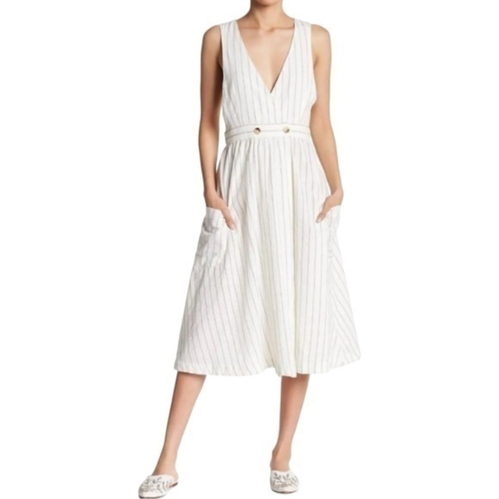 Free People ✘ White Diana Wrap Striped Cotton Sleeveless Midi V-Neck Dress M